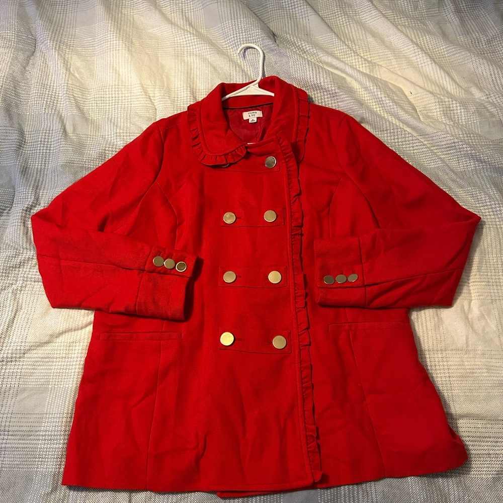 Crown & Ivy Red Pea Coat with Gold Buttons